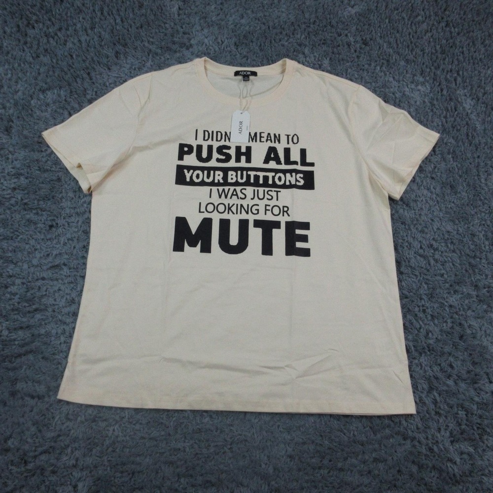ADOR Shirt Tee Mens 2XL Off White Graphic Funny Quote Mute Buttons Cotton NWT